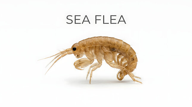 A detailed close-up of a sea flea, also known as a sand flea, on a white background