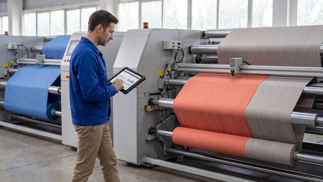 Technician using a digital tablet inspects large industrial textile printing and rolling machinery inside a busy factory.