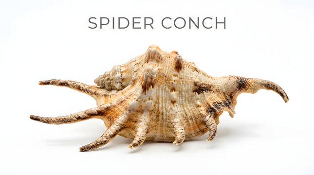 A spider conch shell with its distinctive spiky protrusions and textured surface, presented as a specimen