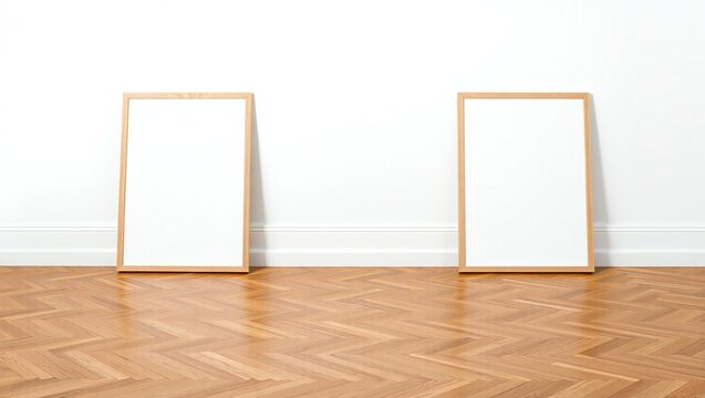 Two empty wooden picture frames leaning against a wall on a wooden floor