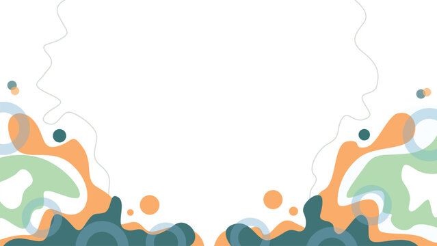 Abstract liquid fluid frame background with orange and green wavy shapes, circles, lines, and copy space illustration for presentation banner.