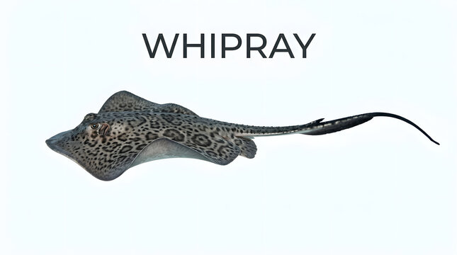 A whipray with distinct patterned skin swims in clear water. The ray has a long tail and its body is flattened and broad