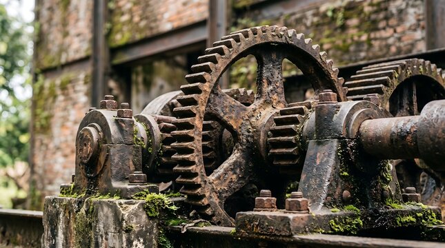 Weathered iron gear mechanism featuring rusted metal surfaces and moss growth captured in sharp focus within an abandoned industrial facility setting during a bright day