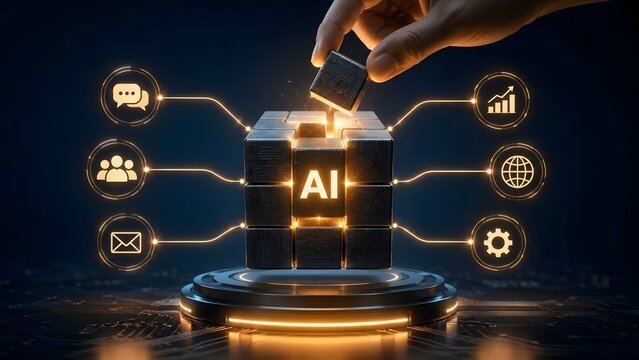 Hand completing a glowing AI cube structure surrounded by digital icons representing connectivity, data, and technological integration on a futuristic background.