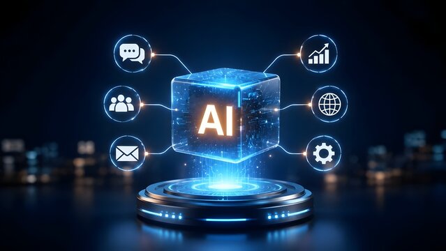 Futuristic artificial intelligence AI technology concept featuring glowing digital cube with business, communication, and data icons on a sleek metallic pedestal against dark background.