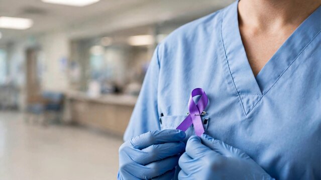 A nurse in scrubs proudly holds a purple ribbon, advocating for epilepsy awareness and support for individuals with epilepsy