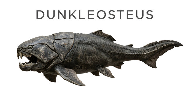 A fearsome depiction of the Dunkleosteus, an ancient armored fish with powerful jaws, ready to strike