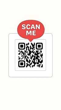 Minimalist QR Code Frame with Red Scan Me Speech Bubble Badge Isolated on White Background for Digital Cashless Payment Mobile Scanning Smart Retail Marketing Link
