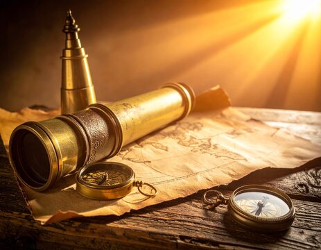 Ancient navigation tools with brass spyglass, compass, and world map under warm sunlight