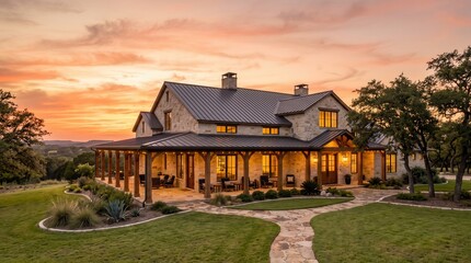 Fototapeta premium Stone country house with wraparound porch and curved walkway