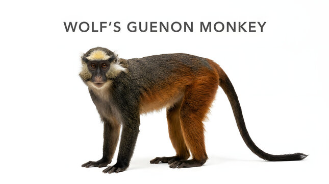 Wolf's guenon monkey, standing and looking at the camera, with brown, white, and grey fur, on a white background