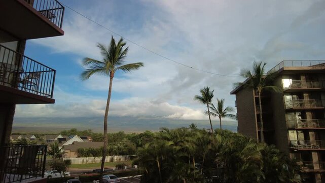 Time lapse during afternoon of palm trees and clouds at the summit of the Haleakala volcano, as seen from a vacation complex in Kihei, Maui, Hawaii. Also known as the East Maui Volcano.