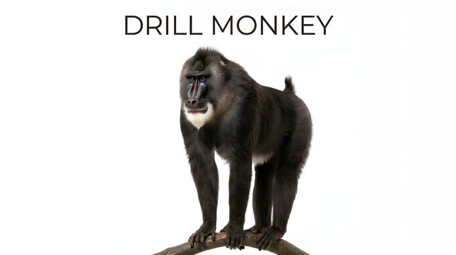 A drill monkey, a type of old world monkey, stands on a branch in a studio setting. The monkey is mostly black with a light-colored beard and chest. The text DRILL MONKEY is displayed above the image