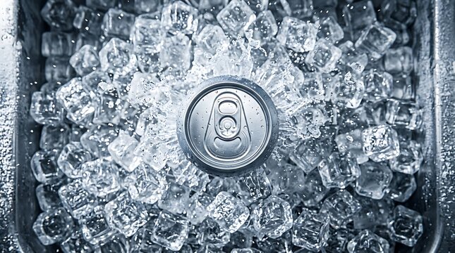 Aluminum soda can top submerged in a pile of melting ice cubes