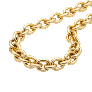 A polished 24k gold chain necklace with thick interlocking oval links on a transparent studio background, showcasing exquisite craftsmanship and opulence concept