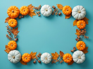 Obraz premium Flat lay of small orange and white pumpkins with autumn leaves arranged as a frame on blue background pumpkins background seasonal thanksgiving halloween november decoration