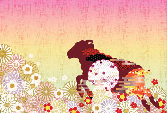 華やかな和風デザインの動物シルエットと菊花模様の装飾