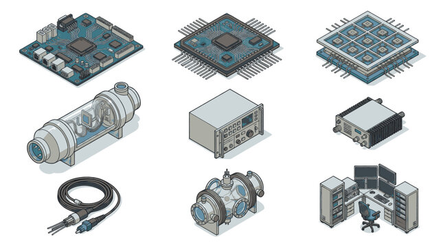 Collection of isometric electronic components and computer hardware for technology and science concepts.