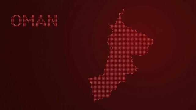 Oman map silhouette is rendered in digital red pixel art on a dark background.