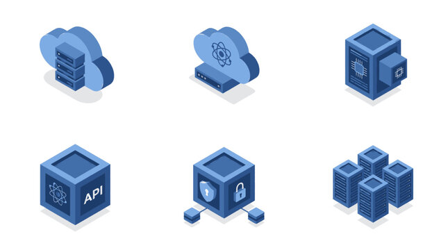 Set of isometric icons representing cloud computing, API, security, and data storage solutions.