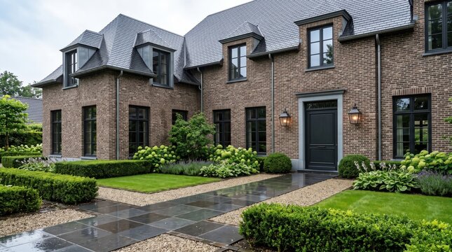 Brick house side entrance with slate roof and garden path