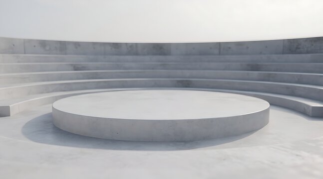 Minimalist modern concrete round podium with amphitheater tiered steps in an open space background.