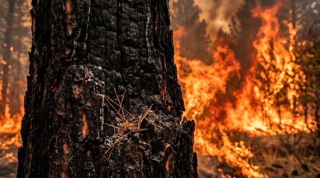 Charred burning tree trunk with glowing embers and raging forest wildfire flames in background symbolizing environmental destruction