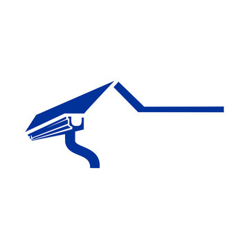 This clean blue vector graphic and logo design features a stylized roof edge equipped with a rain gutter and downspout drainage system. The professional composition combines concepts of roofing 