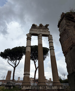 Three Ancient Roman Columns of Temple of Castor and Pollux in Roman Forum Rome Italy