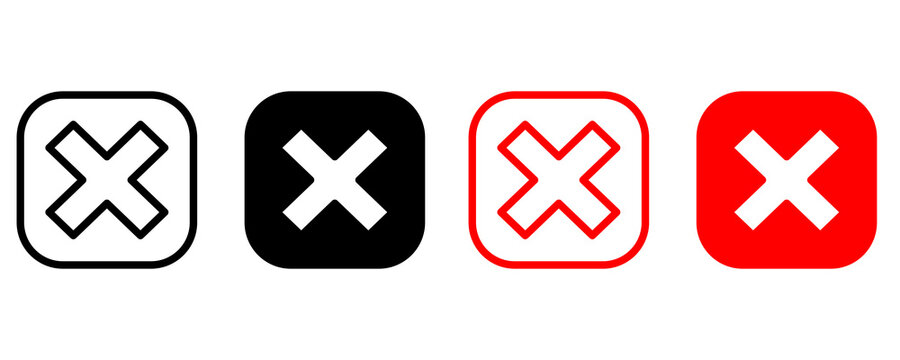 Modern Minimal Close X Square Icon Sheet. High Resolution 2D Outline and Solid Cancel Delete UI Icons Collection