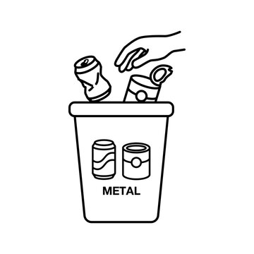 Detailed line art icon of a hand dropping metal cans and soup containers into a metal recycling bin. Great for industrial or household waste management content.