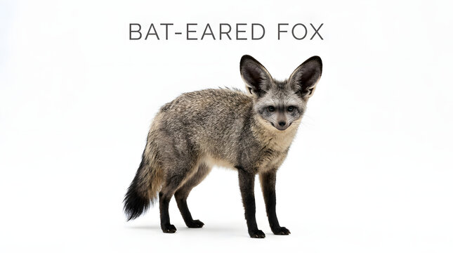 A bat-eared fox stands alertly, its distinctive large ears prominent. The fox has greyish-brown fur with a darker muzzle and legs. The background is plain white