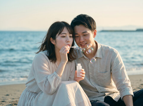 海岸でシャボン玉を飛ばして楽しむカップル