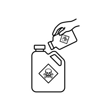 Line art icon depicting a hand disposing of a chemical bottle into a hazardous waste jug marked with a skull and crossbones symbol.