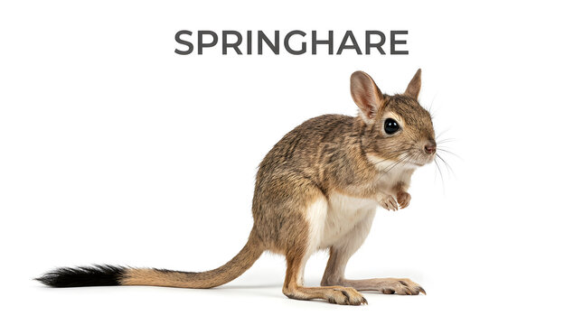 A Springhare standing on white background with text on top