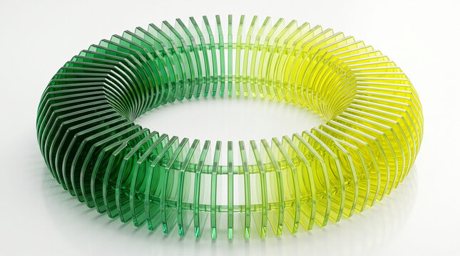 Abstract circular sculpture made of translucent green and yellow glass plates arranged in a gradient, isolated on white background