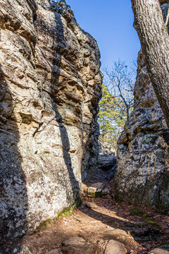 Narrow Rock Crevice on Bear Cave Trail and Sandstone Bluffs at Petit Jean State Park Arkansas