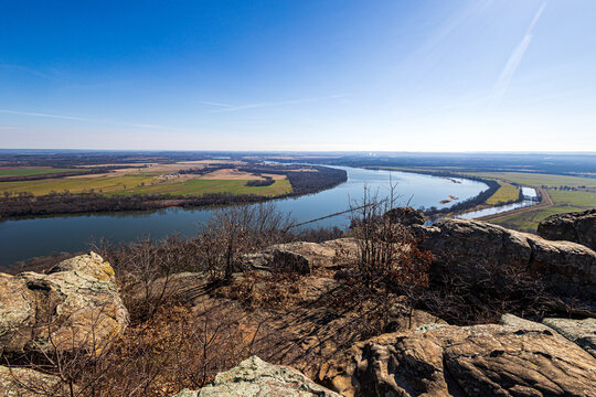 Panoramic view of the Arkansas River from Stout's Point overlook at Petit Jean State Park