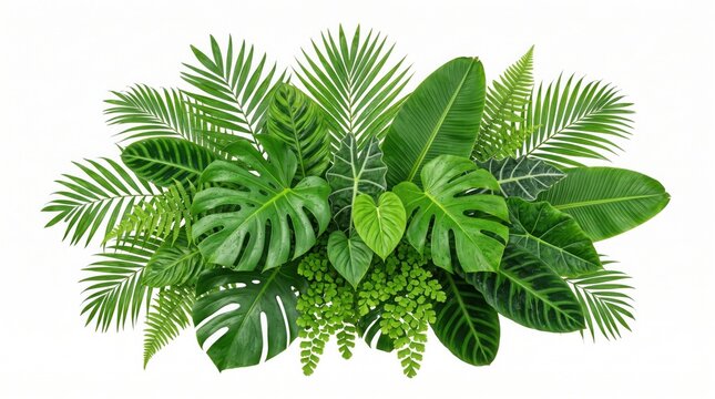 Tropical leaves arrangement displays a dense cluster of lush green foliage isolated on white background.