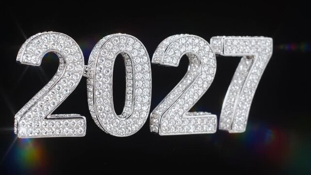 Sparkling diamond text number 2027 rotating on a black background on transparent background