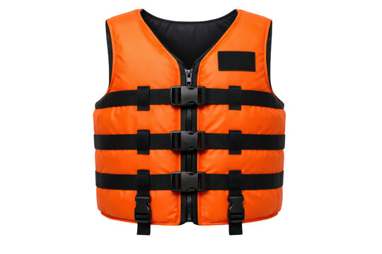 Orange life jacket vest with black straps, boating safety flotation PFD on white