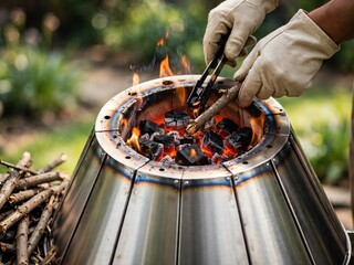 Obraz premium Close up of a person wearing protective gloves using tongs to add a small wooden stick into a burning stainless steel smokeless fire pit filled with glowing red charcoal outdoors