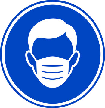Mandatory face mask sign vector. Blue circular safety icon with person wearing medical mask. Industrial protective equipment symbol. ,Clean grouped each Icon