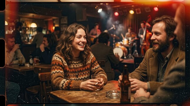 Friends enjoy a lively conversation while drinking beer at a wooden table in a dimly lit jazz club.