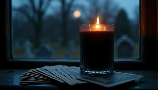 Candle and tarot cards on windowsill overlooking spooky graveyard