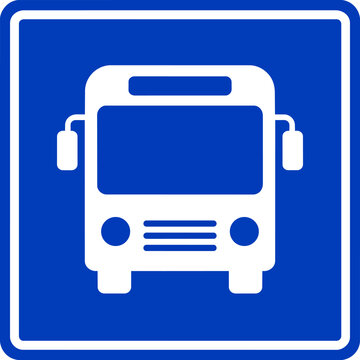 Blue bus stop sign vector icon, public transport station symbol, white shuttle bus silhouette on blue background, transit information graphic ,Clean grouped each Icon
