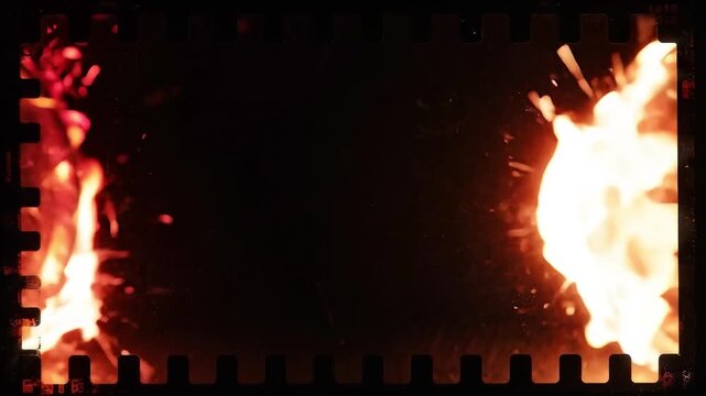 Burning celluloid film strip caught on fire with sparks flying on transparent background