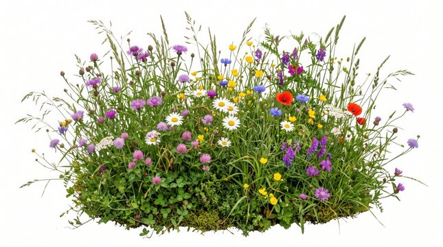Wildflowers cluster together to form a dense and vibrant botanical arrangement on a clean white background.