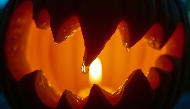 Macro closeup of scary halloween pumpkin mouth with glowing candle lig