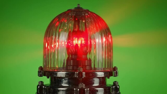 Rotating red warning beacon light on green background with light casting on transparent background
